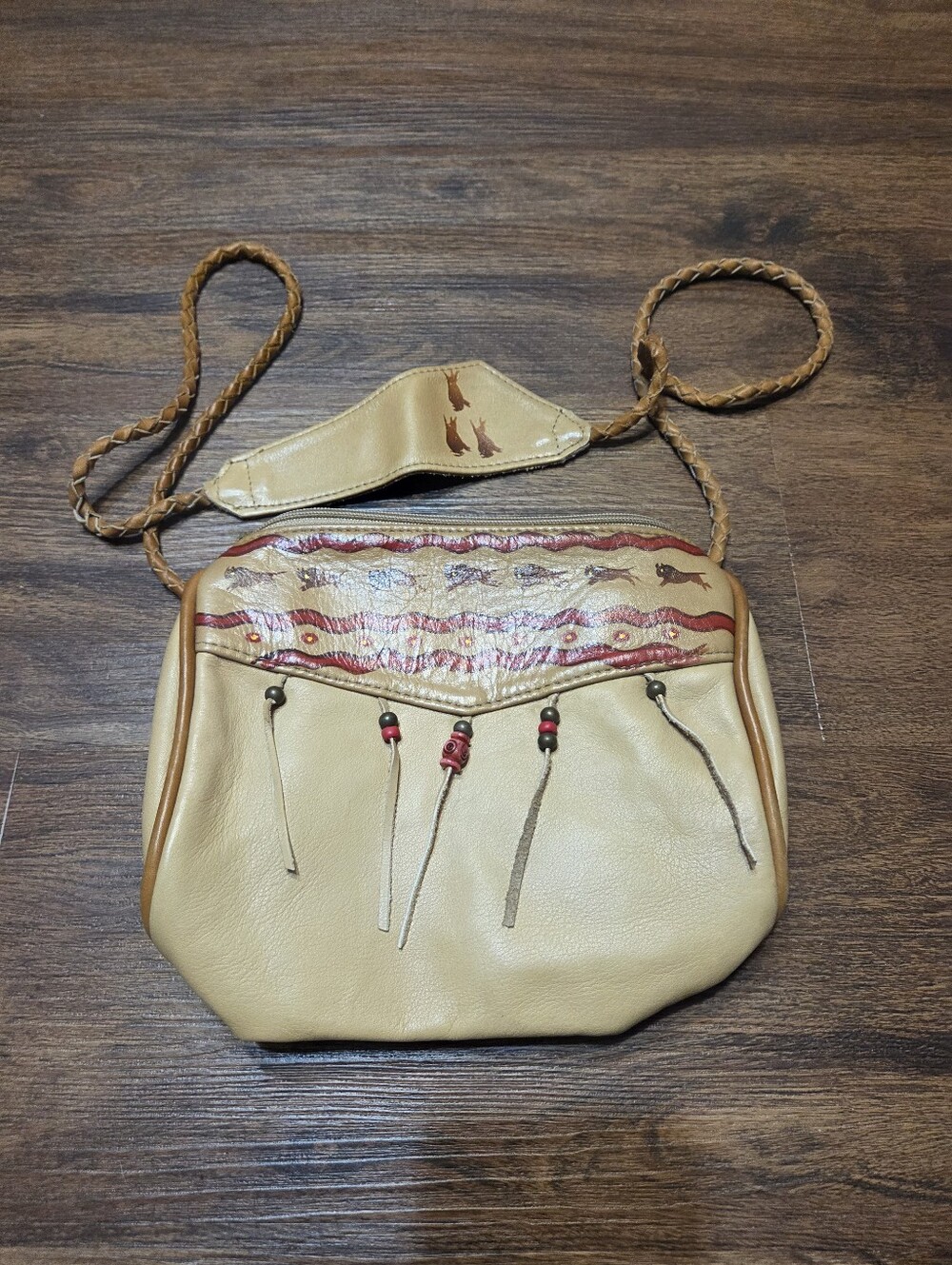 Pam Bronk Hamd Painted Hand Made Tan Leather Buffalo Bison Beaded Bag Purse